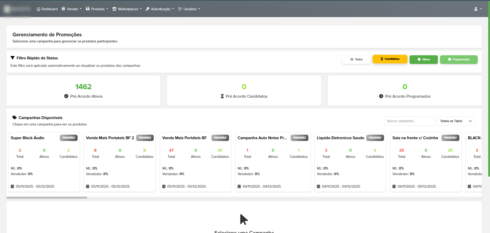 Dashboard Centraliza - Marketplaces